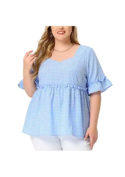 Agnes Orinda Women's Plus Size Blouse Plaid Peplum Sweetheart Neck Ruffle Sleeve Babydoll Tops -Agnes Orinda Store Belk 2362