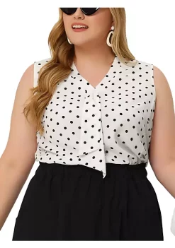 Agnes Orinda Plus Size Blouses for Women Elegant Polka Dots Sleeveless Tie Neck Tank Tops
