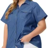 Agnes Orinda Plus Size Chambray Shirt for Women Denim Chest Pocket Button Down Tops -Agnes Orinda Store Belk 2369