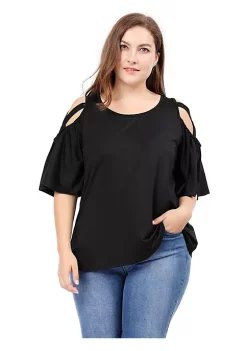Agnes Orinda Women's Plus Size Strappy Cold Shoulder Trumpet Sleeves Top -Agnes Orinda Store Belk 237