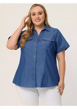 Agnes Orinda Plus Size Chambray Shirt for Women Denim Chest Pocket Button Down Tops -Agnes Orinda Store Belk 2371