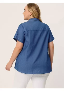 Agnes Orinda Plus Size Chambray Shirt for Women Denim Chest Pocket Button Down Tops -Agnes Orinda Store Belk 2372