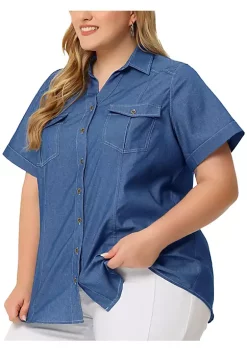Agnes Orinda Plus Size Chambray Shirt for Women Denim Chest Pocket Button Down Tops -Agnes Orinda Store Belk 2374