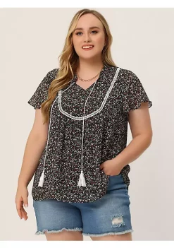 Agnes Orinda Plus Size Blouses for Women Bib Peasant Floral Printed Tie Neck Keyhole Boho Tops -Agnes Orinda Store Belk 2377
