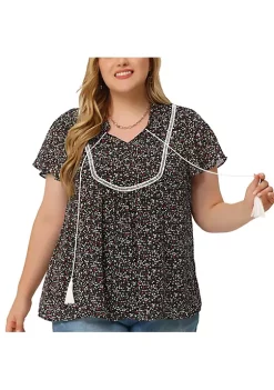Agnes Orinda Plus Size Blouses for Women Bib Peasant Floral Printed Tie Neck Keyhole Boho Tops -Agnes Orinda Store Belk 2380