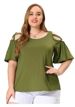 Agnes Orinda Women's Plus Size Strappy Cold Shoulder Trumpet Sleeves Top -Agnes Orinda Store Belk 240