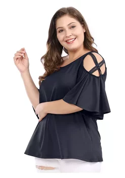 Agnes Orinda Women's Plus Size Strappy Cold Shoulder Trumpet Sleeves Top -Agnes Orinda Store Belk 241