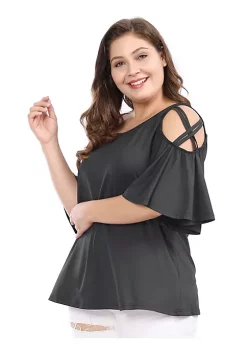 Agnes Orinda Women's Plus Size Strappy Cold Shoulder Trumpet Sleeves Top -Agnes Orinda Store Belk 243