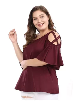 Agnes Orinda Women's Plus Size Strappy Cold Shoulder Trumpet Sleeves Top -Agnes Orinda Store Belk 246