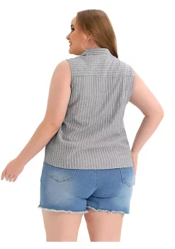 Agnes Orinda Women's Plus Size Sleeveless Shirts, Office Classic Striped Button Down Tank Top -Agnes Orinda Store Belk 262