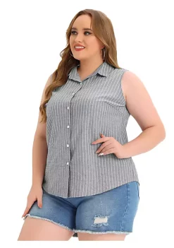 Agnes Orinda Women's Plus Size Sleeveless Shirts, Office Classic Striped Button Down Tank Top -Agnes Orinda Store Belk 266