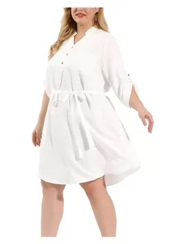 Agnes Orinda Women's Plus Size 3/4 Sleeve Belted Above Knee Flared Chambray Denim Shirt Dress