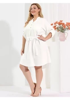 Agnes Orinda Women's Plus Size 3/4 Sleeve Belted Above Knee Flared Chambray Denim Shirt Dress -Agnes Orinda Store Belk 270