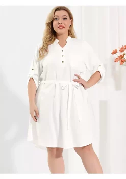 Agnes Orinda Women's Plus Size 3/4 Sleeve Belted Above Knee Flared Chambray Denim Shirt Dress -Agnes Orinda Store Belk 271