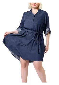 Agnes Orinda Women's Plus Size 3/4 Sleeve Belted Above Knee Flared Chambray Denim Shirt Dress -Agnes Orinda Store Belk 273