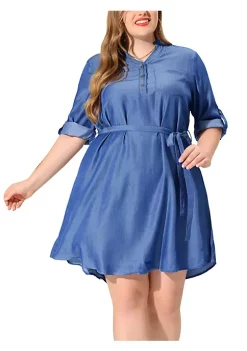 Agnes Orinda Women's Plus Size 3/4 Sleeve Belted Above Knee Flared Chambray Denim Shirt Dress -Agnes Orinda Store Belk 274