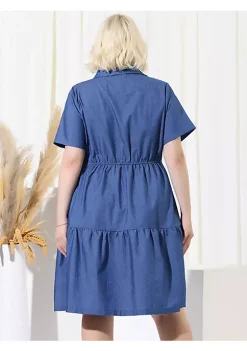 Agnes Orinda Women's Plus Size Spring Denim Babydoll V Neck Midi Tiered Shirtdress -Agnes Orinda Store Belk 291