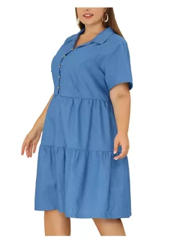 Agnes Orinda Women's Plus Size Spring Denim Babydoll V Neck Midi Tiered Shirtdress -Agnes Orinda Store Belk 293