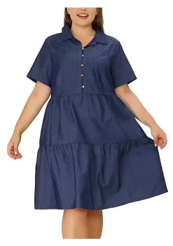 Agnes Orinda Women's Plus Size Spring Denim Babydoll V Neck Midi Tiered Shirtdress -Agnes Orinda Store Belk 294
