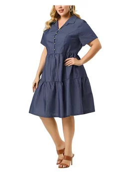 Agnes Orinda Women's Plus Size Spring Denim Babydoll V Neck Midi Tiered Shirtdress -Agnes Orinda Store Belk 295