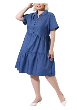 Agnes Orinda Women's Plus Size Spring Denim Babydoll V Neck Midi Tiered Shirtdress -Agnes Orinda Store Belk 297
