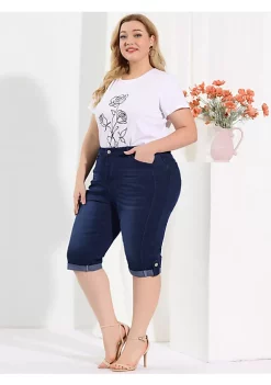 Agnes Orinda Plus Size Denim Capri for Women Mid-Rise Casual Chambray Curvy Skinny Stretch Denim Capri Jean -Agnes Orinda Store Belk 3
