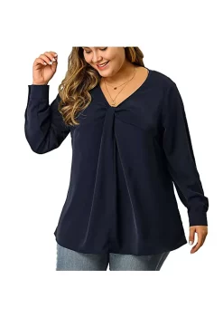 Agnes Orinda Women's Plus Size V Neck Blouses, Winter Twist Knot Button Long Sleeve Tops