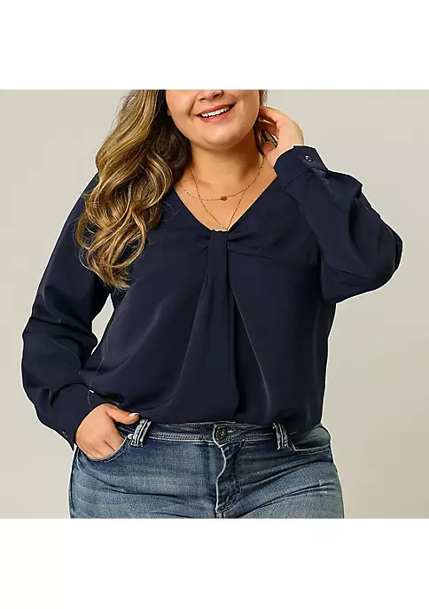 Agnes Orinda Women's Plus Size V Neck Blouses, Winter Twist Knot Button Long Sleeve Tops 4 Agnes Orinda Women's Plus Size V Neck Blouses, Winter Twist Knot Button Long Sleeve Tops - Image 2