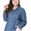Agnes Orinda Women's Plus Size Button Down Long Sleeve Chest Pocket Chambray Shirts Summer