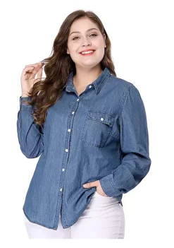 Agnes Orinda Women's Plus Size Button Down Long Sleeve Chest Pocket Chambray Shirts Summer