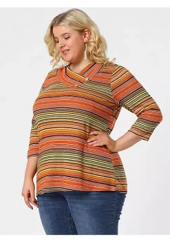 Agnes Orinda Women's Plus Size Tee Shirt Stripe Boho 3/4 Sleeve Tunic Top V Neck Knit Blouse -Agnes Orinda Store Belk 354