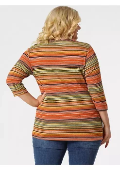 Agnes Orinda Women's Plus Size Tee Shirt Stripe Boho 3/4 Sleeve Tunic Top V Neck Knit Blouse -Agnes Orinda Store Belk 355