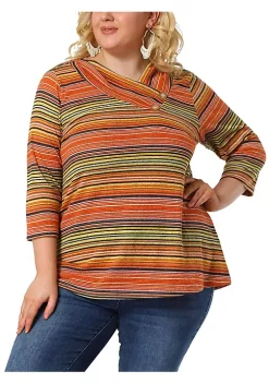 Agnes Orinda Women's Plus Size Tee Shirt Stripe Boho 3/4 Sleeve Tunic Top V Neck Knit Blouse -Agnes Orinda Store Belk 356