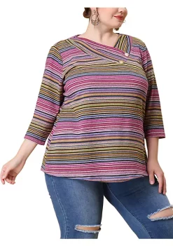 Agnes Orinda Women's Plus Size Tee Shirt Stripe Boho 3/4 Sleeve Tunic Top V Neck Knit Blouse -Agnes Orinda Store Belk 357