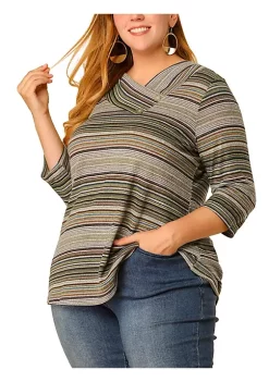 Agnes Orinda Women's Plus Size Tee Shirt Stripe Boho 3/4 Sleeve Tunic Top V Neck Knit Blouse -Agnes Orinda Store Belk 358