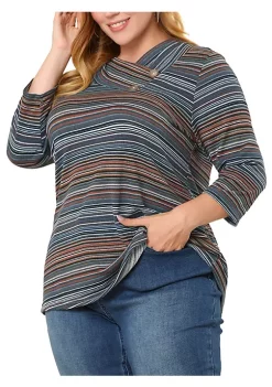 Agnes Orinda Women's Plus Size Tee Shirt Stripe Boho 3/4 Sleeve Tunic Top V Neck Knit Blouse -Agnes Orinda Store Belk 359