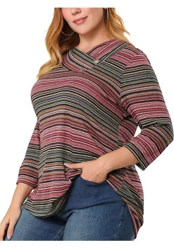Agnes Orinda Women's Plus Size Tee Shirt Stripe Boho 3/4 Sleeve Tunic Top V Neck Knit Blouse -Agnes Orinda Store Belk 360