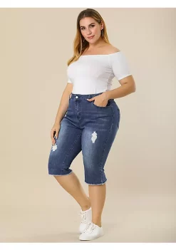 Agnes Orinda Plus Size Jeans for Women Ripped Slash Pocket Raw Hem Denim Capri Jean -Agnes Orinda Store Belk 365