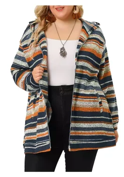Agnes Orinda Plus Size Jacket for Women Pullover Zip Up Stripe Printed Long Sleeve Knit Boho Hoodie -Agnes Orinda Store Belk 385
