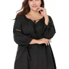 Agnes Orinda Women's Plus Size Raglan Sleeves Hollow Out Tie Neck Tunic Peasant Tops