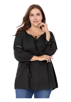 Agnes Orinda Women's Plus Size Raglan Sleeves Hollow Out Tie Neck Tunic Peasant Tops
