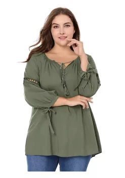 Agnes Orinda Women's Plus Size Raglan Sleeves Hollow Out Tie Neck Tunic Peasant Tops -Agnes Orinda Store Belk 409