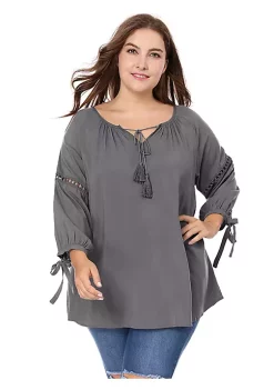 Agnes Orinda Women's Plus Size Raglan Sleeves Hollow Out Tie Neck Tunic Peasant Tops -Agnes Orinda Store Belk 410