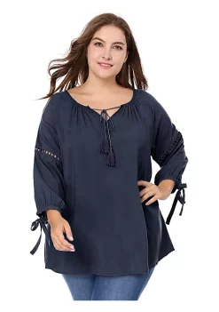 Agnes Orinda Women's Plus Size Raglan Sleeves Hollow Out Tie Neck Tunic Peasant Tops -Agnes Orinda Store Belk 412