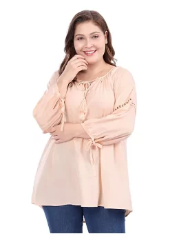 Agnes Orinda Women's Plus Size Raglan Sleeves Hollow Out Tie Neck Tunic Peasant Tops -Agnes Orinda Store Belk 413