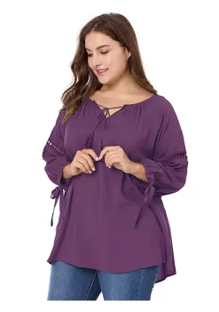 Agnes Orinda Women's Plus Size Raglan Sleeves Hollow Out Tie Neck Tunic Peasant Tops -Agnes Orinda Store Belk 415