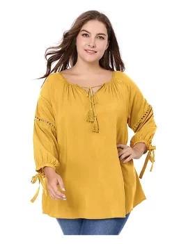 Agnes Orinda Women's Plus Size Raglan Sleeves Hollow Out Tie Neck Tunic Peasant Tops -Agnes Orinda Store Belk 417