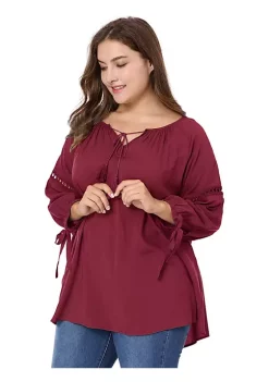 Agnes Orinda Women's Plus Size Raglan Sleeves Hollow Out Tie Neck Tunic Peasant Tops -Agnes Orinda Store Belk 418