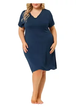 Agnes Orinda Women's Plus Size Lace Nightgown for Women Short Sleeves V Neck Pajamas Sleepwear Dress, Rayon Sleepshirt Nightdress Regular Fit Gown Dress