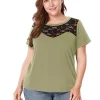 Agnes Orinda Women's Plus Size Top Short Sleeve Hollow Mesh Casual Lace Tops Valentines Day -Agnes Orinda Store Belk 429